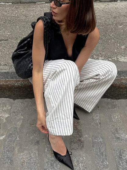 Pantalon Rayé Noir et Blanc Avec Taille Haute Pour Femmes | Idéal Pour Usage Quotidien