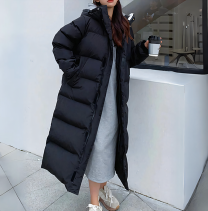 Manteau Long Matelassé avec Capuche et Col Montant pour Femme | Idéal par Temps Froid