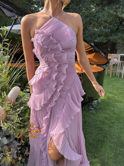 Robe Midi à Col Halter avec Plis et Volants pour Femme | Idéale pour Événements et Été