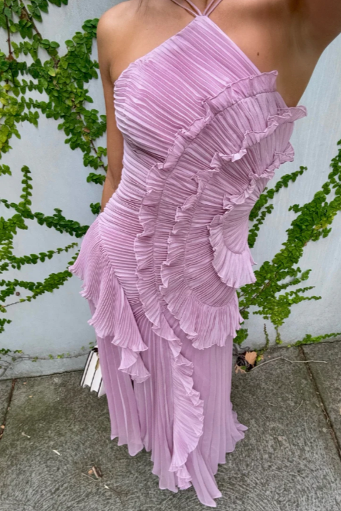 Robe Midi à Col Halter avec Plis et Volants pour Femme | Idéale pour Événements et Été