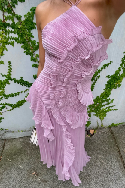 Robe Midi à Col Halter avec Plis et Volants pour Femme | Idéale pour Événements et Été