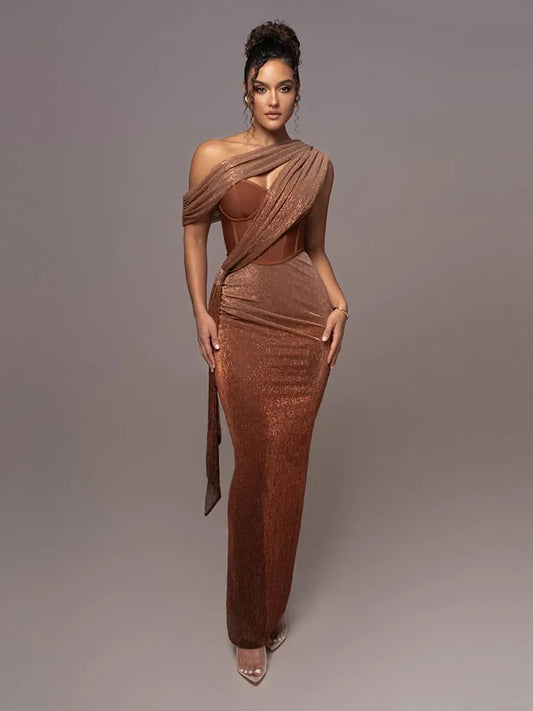 Robe De Soirée Asymétrique Avec Design Une Épaule Et Finition Métallisée Pour Femme | Idéale Pour Événements En Soirée