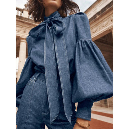 Blouse À Col Haut Avec Nœud Et Manches Bouffantes Pour Femme | Idéale Pour Usage Quotidien Et Saisons Mixtes