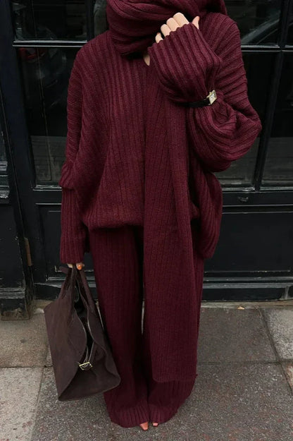 Ensemble En Maille Côtelée avec Pull Col Montant Et Pantalon Large pour Femme | Idéal pour L’Automne Et L’Hiver