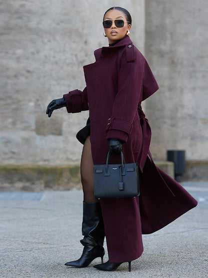 Manteau Long à Col Revers avec Double Boutonnage et Ceinture pour Femme | Idéal pour l’Automne et l’Hiver