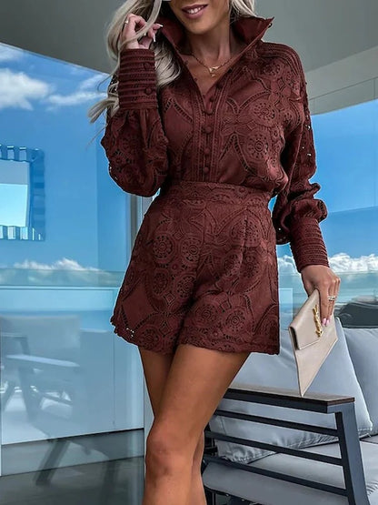 Ensemble Deux Pièces avec Blouse à Manches Longues et Short Taille Haute pour Femme | Idéal pour le Printemps et l'Été