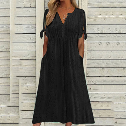 Robe Fluide avec Manches Courtes à Nouer pour Femme | Idéale pour les Occasions Décontractées et le Quotidien