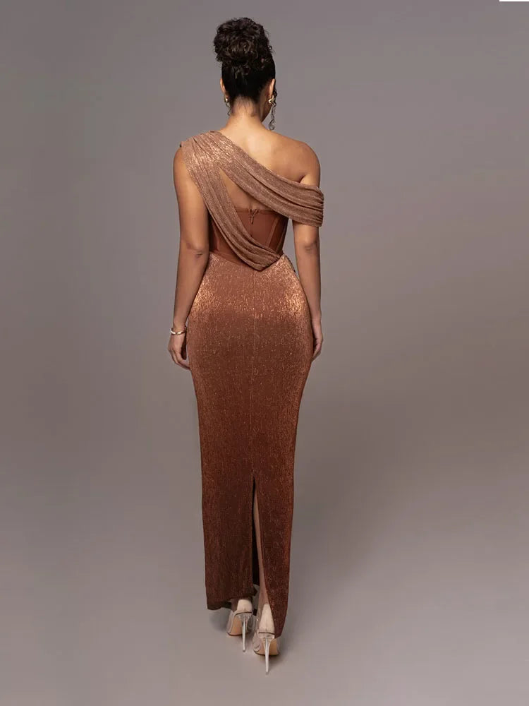 Robe De Soirée Asymétrique Avec Design Une Épaule Et Finition Métallisée Pour Femme | Idéale Pour Événements En Soirée