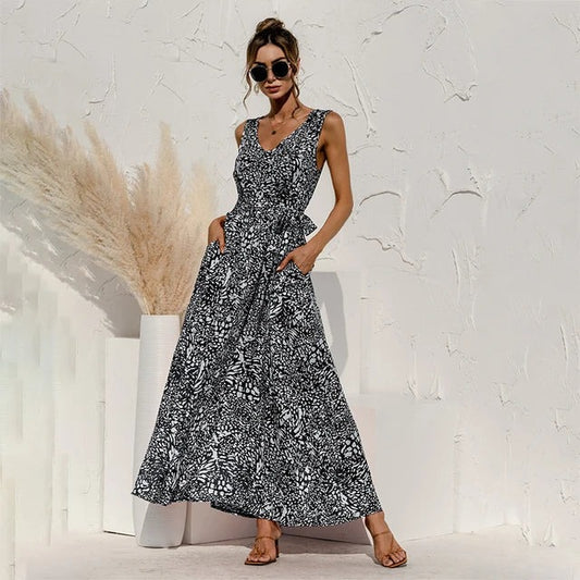 Robe Longue Noire avec Motif Discret pour Femme | Idéale pour l’Été