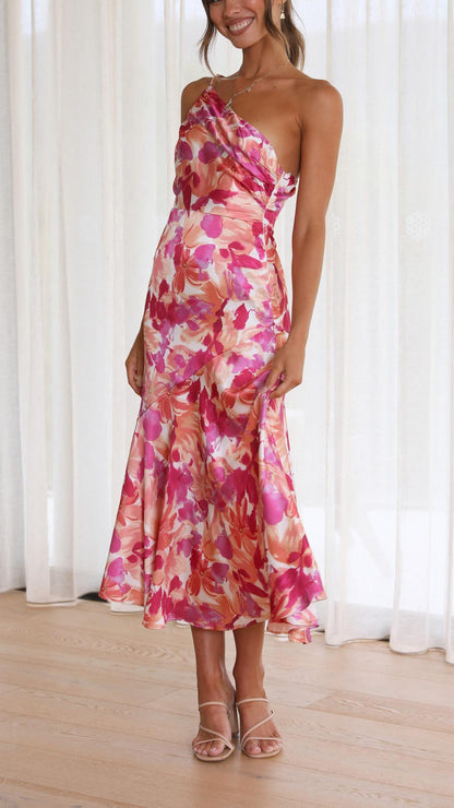 Robe Midi Florale à Une Épaule avec Fermeture Latérale pour Femme | Idéale pour les Occasions et Événements d’Été