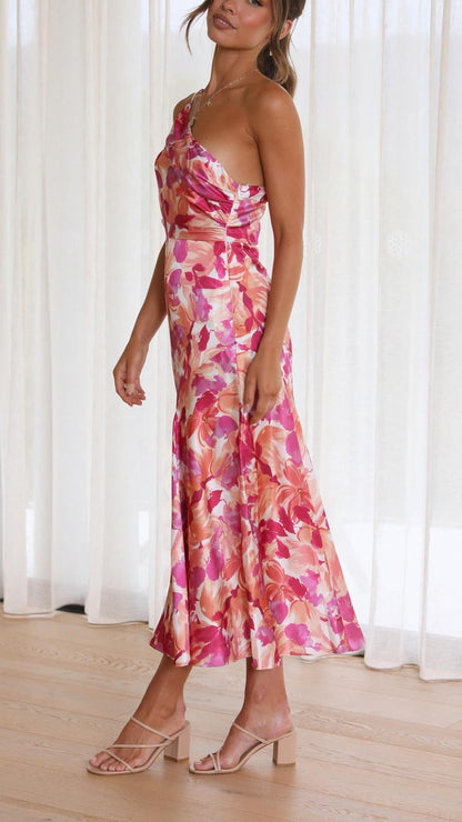 Robe Midi Florale à Une Épaule avec Fermeture Latérale pour Femme | Idéale pour les Occasions et Événements d’Été