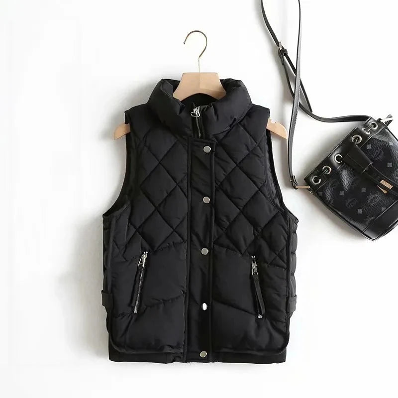 Gilet matelassé à col montant et motif losanges pour femmes | Idéal pour l’automne