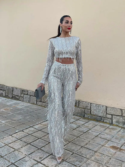 Ensemble Deux Pièces Avec Sequins Et Finitions À Franges pour Femme | Idéal pour Les Soirées Et Événements Festifs