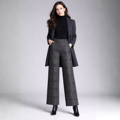 Pantalon Taille Haute À Motif Carreaux Avec Jambes Larges Pour Femme | Idéal Pour Travail Et Usage Quotidien