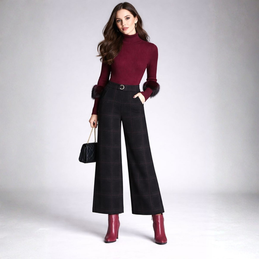 Pantalon Taille Haute À Motif Carreaux Avec Jambes Larges Pour Femme | Idéal Pour Travail Et Usage Quotidien