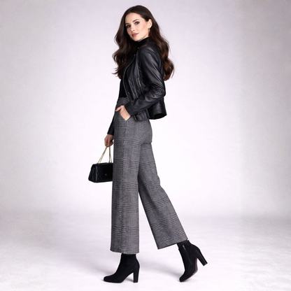 Pantalon Taille Haute À Motif Carreaux Avec Jambes Larges Pour Femme | Idéal Pour Travail Et Usage Quotidien