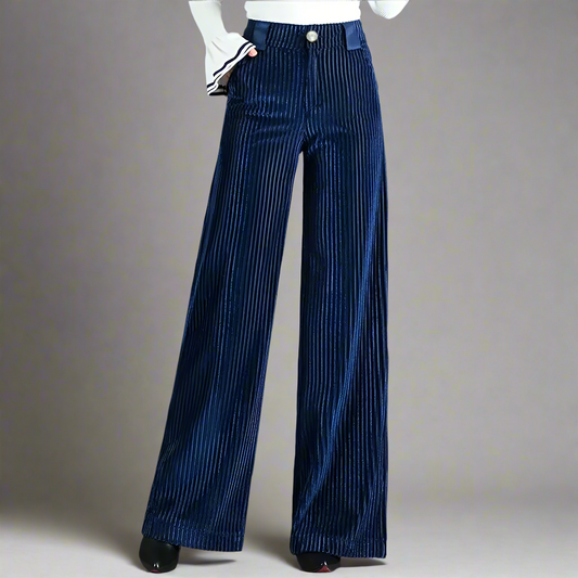 Pantalon Large Bleu Marine Effet Velours À Taille Haute Pour Femme | Idéal Pour Bureau Et Sorties