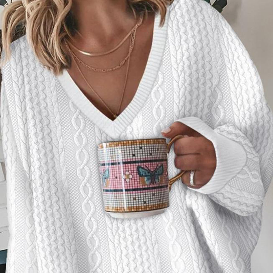 Pull col V à motif en relief pour femmes