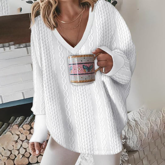 Pull col V à motif en relief pour femmes