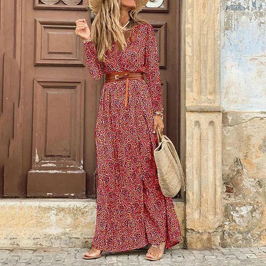 Robe Longue Rouge à Imprimé Bohème pour Femme | Idéale pour les Festivals d'Été