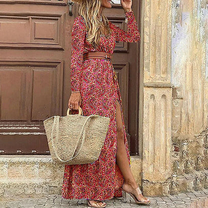 Robe Longue Rouge à Imprimé Bohème pour Femme | Idéale pour les Festivals d'Été