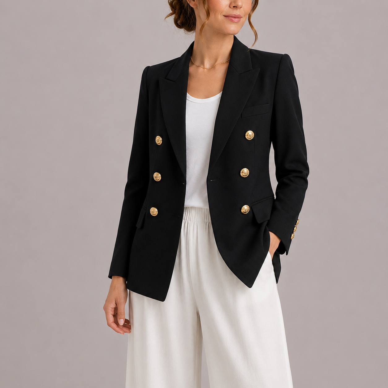 Blazer à boutonnage croisé avec boutons dorés pour femme | Idéal pour le printemps et l’automne