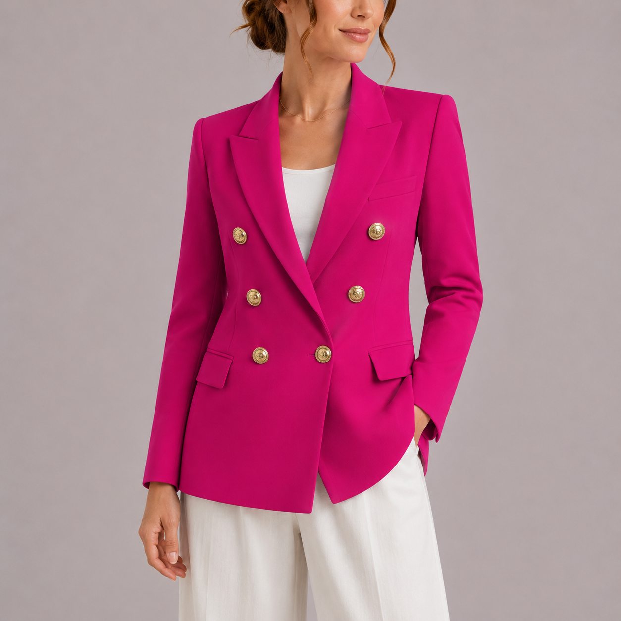 Blazer à boutonnage croisé avec boutons dorés pour femme | Idéal pour le printemps et l’automne