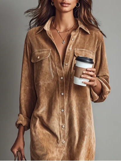 Robe Midi Boutonnée avec Poches Poitrine pour Femme | Idéale pour Usage Quotidien et Occasions Décontractées