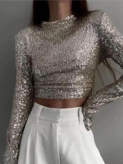 Haut Court à Manches Longues avec Détails à Sequins pour Femme | Idéal pour les Soirées et Sorties