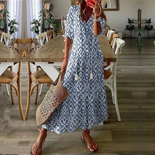 Robe Longue Bleu et Blanche à Coupe Fluide pour Femme | Idéale pour l’Été
