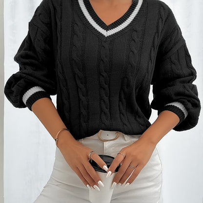 Pull à Manches Longues avec Motif Torsadé et Col V pour Femmes | Idéal pour l’Hiver et l’Automne