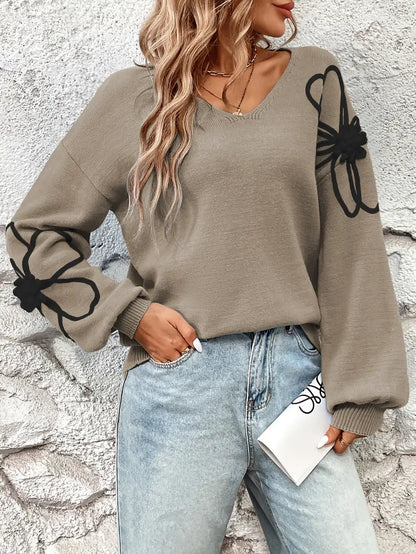 Pull à Col en V avec Broderie Florale pour Femme | Idéal pour un Usage Quotidien