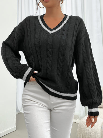 Pull à Manches Longues avec Motif Torsadé et Col V pour Femmes | Idéal pour l’Hiver et l’Automne