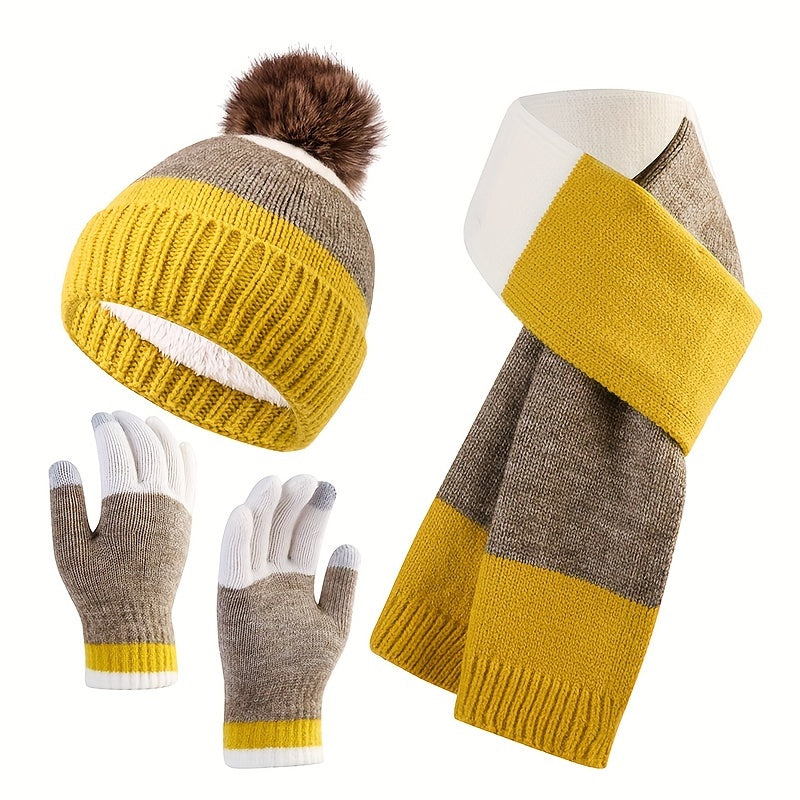 Ensemble Tricoté 3 Pièces avec Bonnet, Écharpe Et Gants | Idéal pour L’Hiver