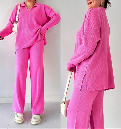 Ensemble Lounge Avec Texture Côtelée Et Pantalon À Jambe Large Pour Femmes | Idéal Pour Un Usage Quotidien