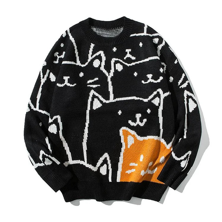 Pull En Maille Avec Motif Chat Et Coupe Ample Pour Hommes | Idéal Pour Les Journées Décontractées