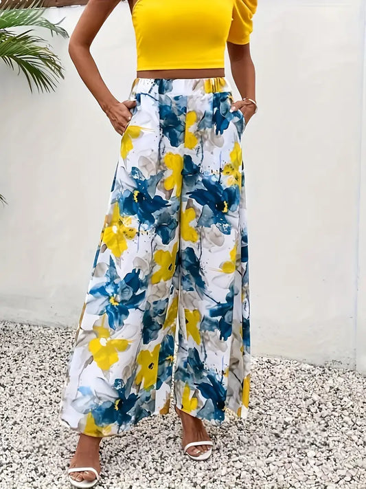 Pantalon Large à Imprimé Floral Taille Haute pour Femme | Idéal pour le Printemps et l'Été