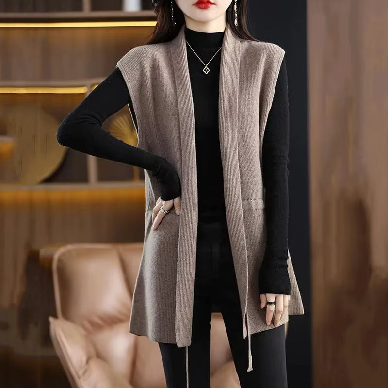Gilet sans manches à col V en maille côtelée avec ceinture à nouer pour femme | Idéal pour l’automne