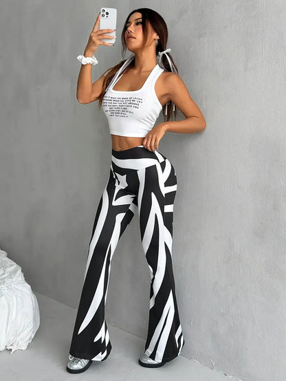 Pantalon Femme Évasé à Taille Haute avec Motif Abstrait | Idéal pour un Usage Quotidien