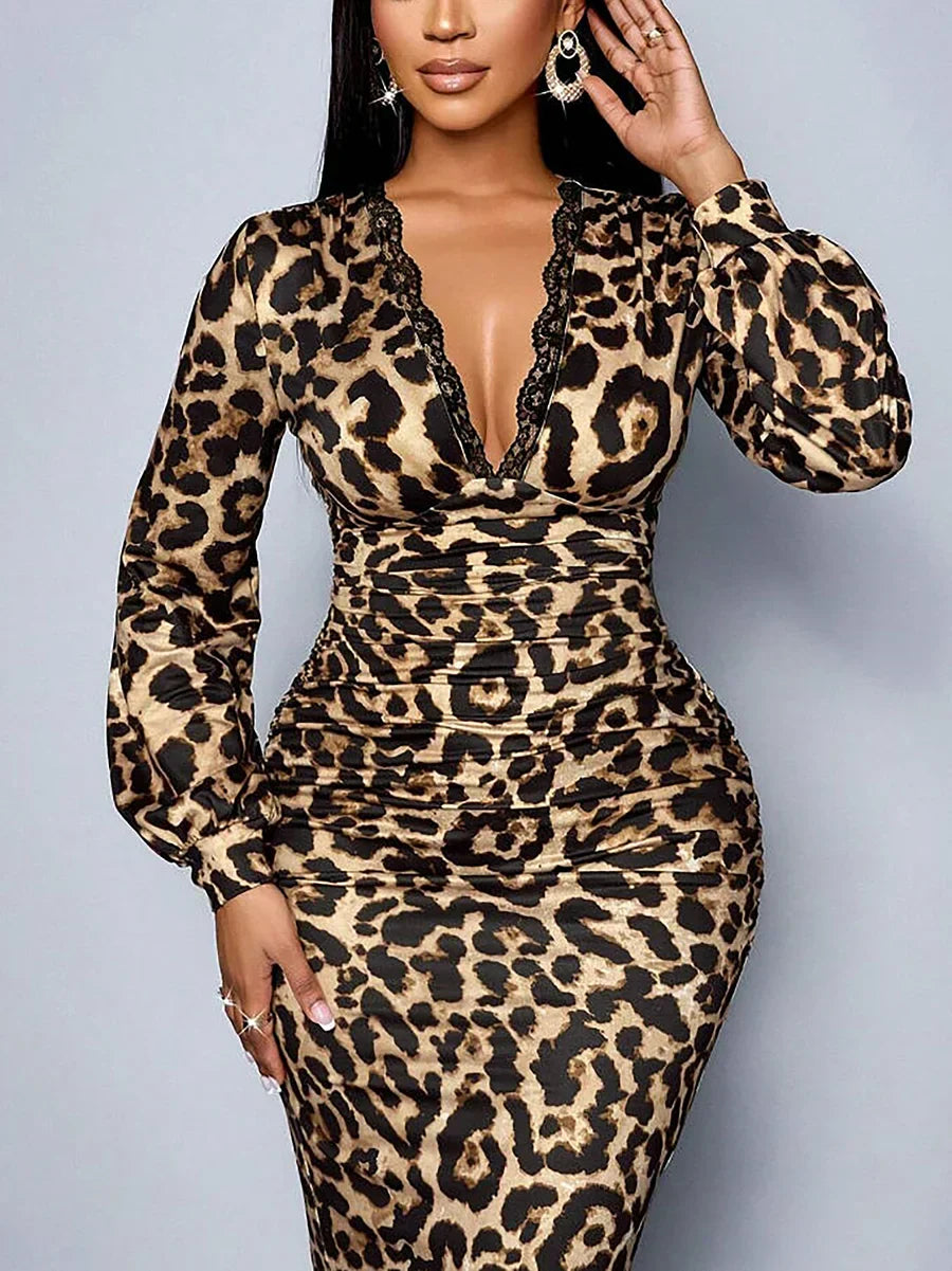 Robe Midi Ajustée À Manches Longues Avec Bordure En Dentelle Pour Femme | Idéal Pour Différentes Occasions