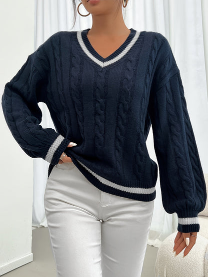 Pull à Manches Longues avec Motif Torsadé et Col V pour Femmes | Idéal pour l’Hiver et l’Automne