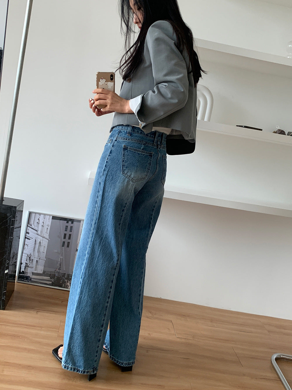 Jean à Jambe Large avec Taille Haute Structurée pour Femme | Idéal pour Tenues Décontractées