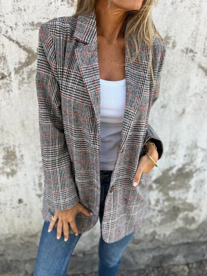 Blazer À Carreaux Gris Avec Poches À Rabat Pour Femmes | Idéal Pour Le Travail Et Les Tenues Quotidiennes
