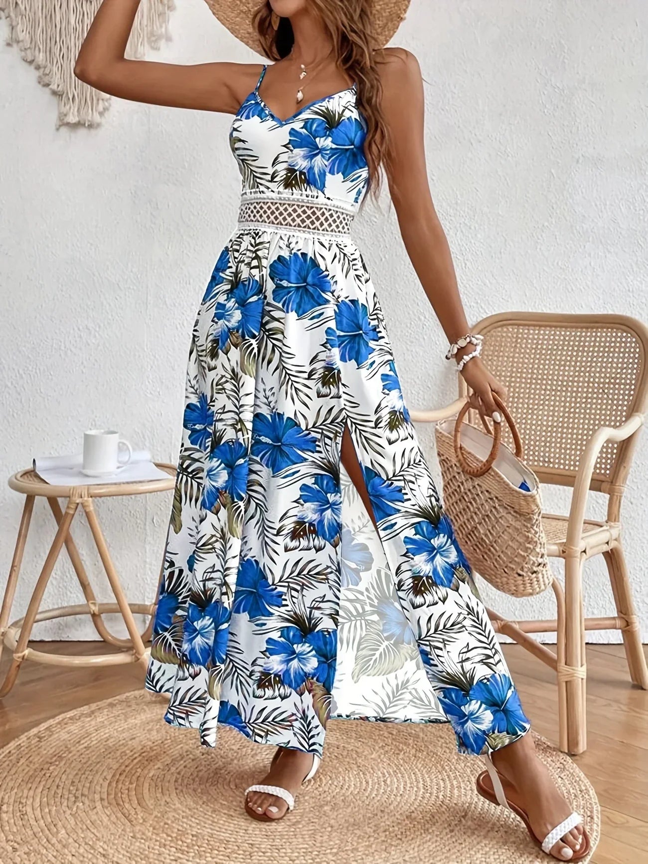 Robe Longue À Fines Bretelles Avec Imprimé Floral Et Fente Latérale Pour Femmes | Idéal Pour Été Et Vacances