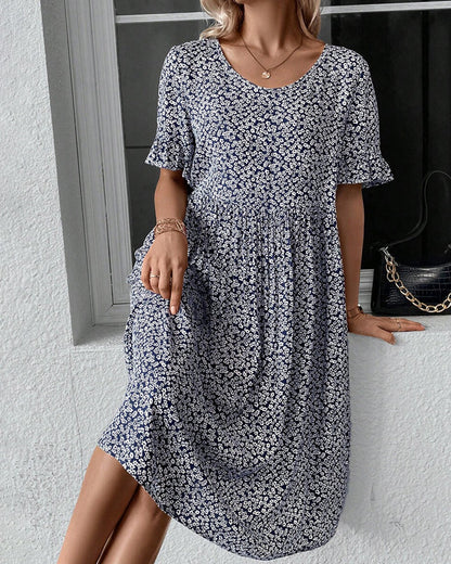 Robe Midi À Motif Floral Avec Col Rond Et Manches Courtes Pour Femme | Idéale Pour Le Jour Et La Soirée