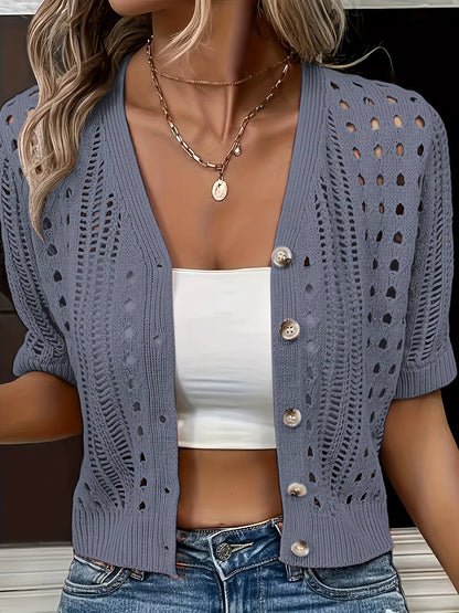 Cardigan court à col V ajouré et boutonné à manches courtes pour femme | Idéal pour le printemps et l’été
