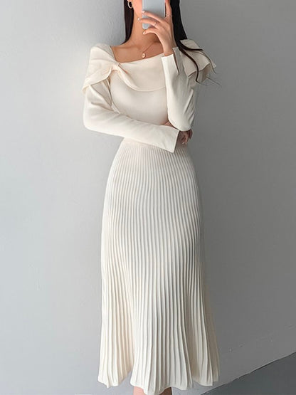 Robe Plissée Midi Avec Manches Longues Et Nœuds Aux Épaules Pour Femme | Idéal Pour Occasions