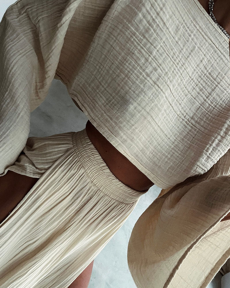 Ensemble Deux Pièces avec Top Court à Manches Longues et Jupe Longue Fendue pour Femme | Idéal pour l’Été