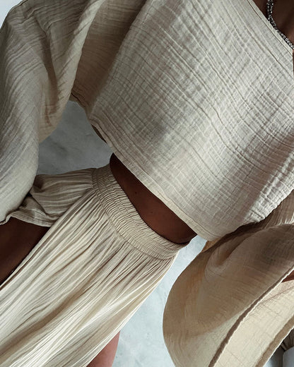 Ensemble Deux Pièces avec Top Court à Manches Longues et Jupe Longue Fendue pour Femme | Idéal pour l’Été