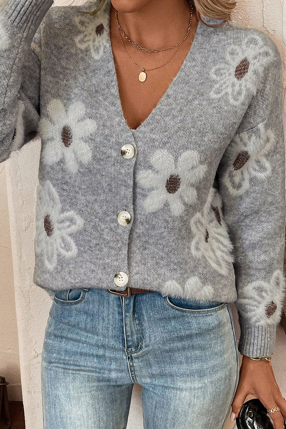 Cardigan à Motifs Floraux avec Col en V et Boutons pour Femmes | Idéal pour Tenues Décontractées